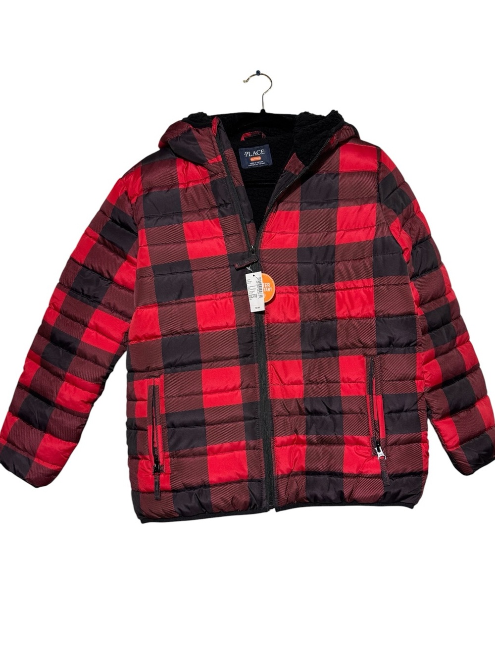 Childrens Place‎ NWT Boys Puffer Coat Size 16 Black Red Buffalo Check Winter